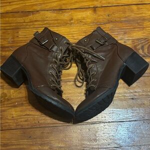Brown Lace-Up Block Heel Ankle Boots with Buckle